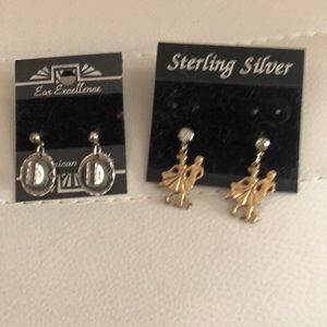 2 pairs of earrings with dangling posts silver cowboy hats and gold square dance